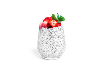 Chia pudding with strawberries isolated on a white background. Multilayer healthy dessert. Chia mousse.