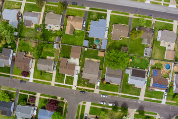 Panoramic view of neighborhood in roofs of houses of residential area summer houses