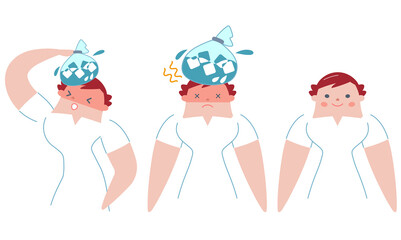 笑顔と氷嚢で頭を冷やす女性のセット、イラスト素材
