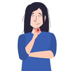 vector illustration of a young Asian brunette woman holding her throat. Illustration on the topic of colds, ill health and illness