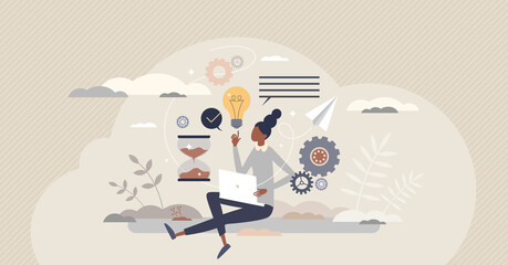 Productivity management or efficient performance planning tiny person concept. Workflow time and quality control for successful results monitoring and job tasks optimization vector illustration.