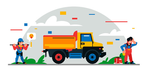 Construction equipment and workers at the site. Colorful background of geometric shapes and clouds. Builders, construction equipment, service personnel, truck, welder, painter. Vector illustration.