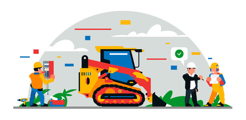 Naklejka premium Construction equipment and workers at the site. Colorful background of geometric shapes and clouds. Builders, construction equipment, maintenance personnel, excavator, electrician.Vector illustration