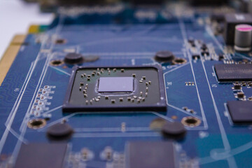 Graphic card Processors. Macro view of a Futuristic Electronic Circuit Board with Microchips and...
