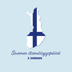 Vector illustration dedicated to the Independence Day of Finland. Flag in the outline of the map on a light blue background. Poster, banner, sign.