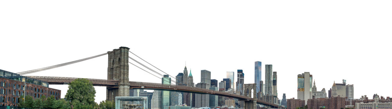 The Brooklyn Bridge and Manhattan skyline (New York, USA) isolated on white background