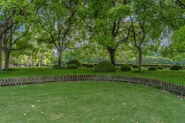 Lujiazui central park, green grass and modern skycrapers,  for background.