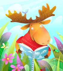 Cute moose character reading a book or studying in the summer forest, framed with grass and flowers and blue sky background. Vector cartoon for kids in watercolor style.