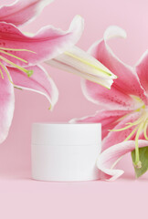 Cosmetic cream container with pink Lily flowers