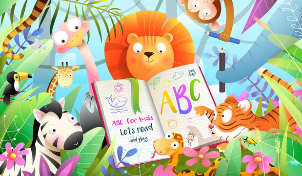 African animals in jungle reading ABC book and learning to write. Forest animals literature and education class, adorable kids animals studying how to read. Vector illustration in watercolor style.