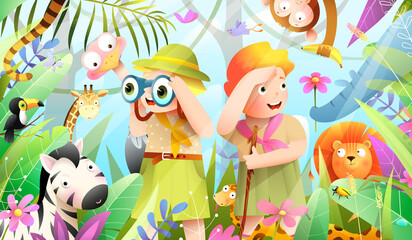Obraz na płótnie Canvas Girl and Boy scout kids in African jungle adventure, little explorers hiking expedition in the forest. Jungle animals hiding from scouts in forest. Watercolor style vector cartoon for kids.