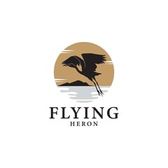 Flying Stork Heron Bird on River lake Creek Sunset logo design