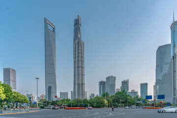 The modern architectures in Shanghai, China, at sunset.