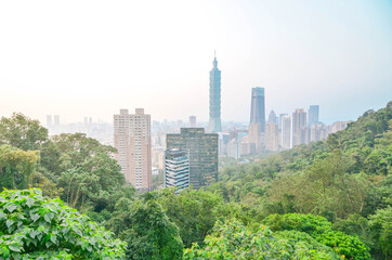 Fototapeta premium Landscape view of the city of Taipei in Taiwan from the elephant trekking trailing hill. City among the natural landscape