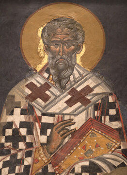 Wall painting of the Pantokrator Monastery on holy mount Athos in Greece - Saint Dionysos the Areopagite. Mid-16th century.