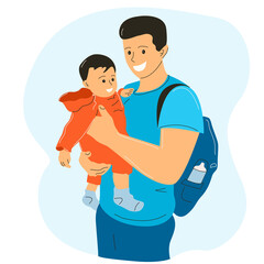 The father is holding a small child in his arms.