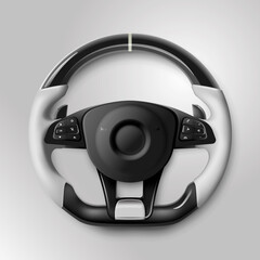 Expensive black and white car rudder with buttons and leather braiding © MarySan