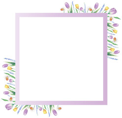 Aquarelle floral copy space frame with flowers around the square. Watercolor hand painted square greeting card for wedding, easter, birthday, holidays. Frame with purple tulips.