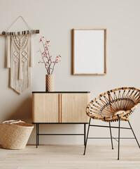 Mock up frame in cozy beige home interior background, Boho style, 3d render © artjafara
