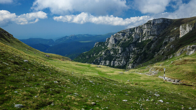 Panorama of Ialomita Valley in an alpine pasture. The valley is bordered by the vertical stone walls of Bucegi Mountains. Carpathia, Romania. 