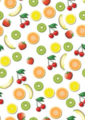 Seameless fresh Pattern with Fruit Cherries, Banana, Lemon Orange and Strawberry on White Background.
