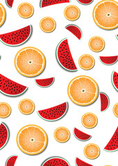  Seameless fresh Pattern with Fruit Watermelon and Orange on White Background. Perfect for wrapping paper, curtains, tablecloths, bed sheets and more