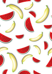  Seameless fresh Pattern with Fruit Watermelon and Banana on White Background.