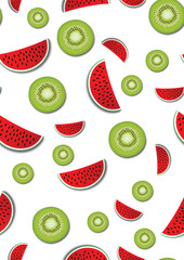  Seameless fresh Pattern with Fruit Watermelon and Kiwi on White Background