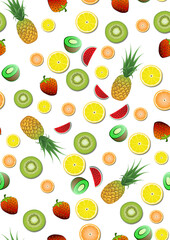  Seameless fresh Pattern with Fruit Pineapple Watermelon Lemon Orange Kiwi and Strawberry on White Background.