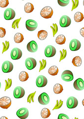 Seameless fresh Pattern with Fruit Banana, Orange and Kiwi on White Background