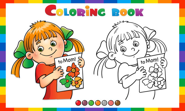 Coloring Page Outline of cartoon girl with a picture. Mother's day. Coloring Book for kids.