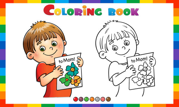 Coloring Page Outline of cartoon boy with a picture. Mother's day. Coloring Book for kids.