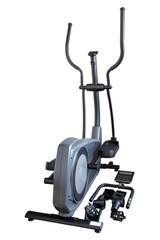 Assembly of a crosstrainer with stabilisers (feet), front column on main frame and handrail arms with treads already completed. Followed by handle with hand pulse sensors, console with tablet holder a