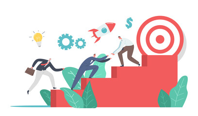 Businessmen Climbing Up Ladder, Rising Up to Financial Success Trying to Reach Huge Target on Top. Business Challenge