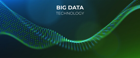 Dynamic blue and green dot landscape. Abstract digital wave background. Network data structure. Point grid visualization. Technology vector illustration.