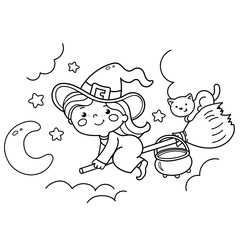 Coloring Page Outline Of cartoon little witch on a broom with a pot and with a cat. Halloween. Coloring Book for kids.