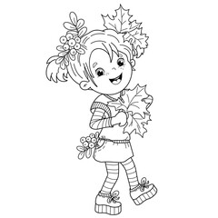 Coloring Page Outline Of cartoon girl with autumn leaves and sprigs of mountain ash. Coloring Book for kids.