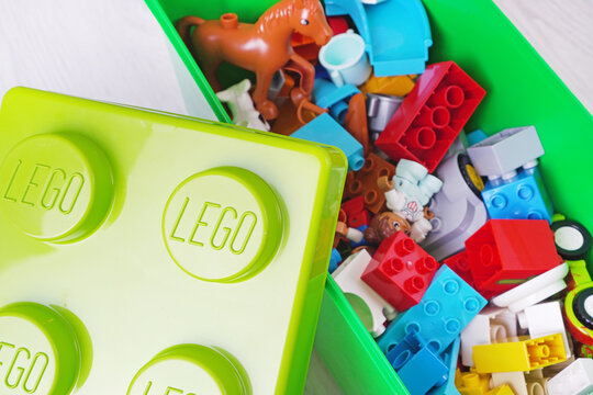 KHARKIV, UKRAINE - 10 May 2021: Illustrative editorial of Lego duplo box for babies. Lego is a Danish company that produces the constructor kits.