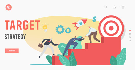 Target Strategy Landing Page Template. Businessmen Characters Climb Up Ladder, Rising Up to Financial Success, Challenge