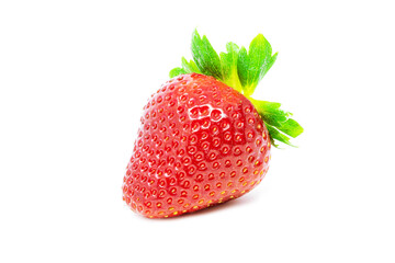 Single fresh strawberry with leaf isolated on white background