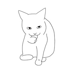 猫の全身イラスト　毛づくろい中の猫　手を舐める