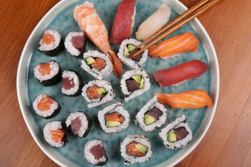 Sushi variety as oriental food