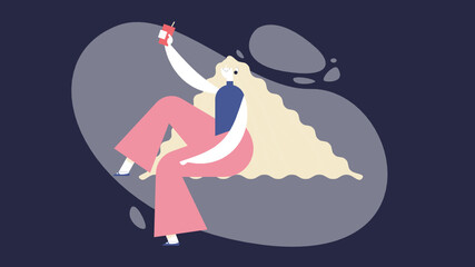 Modern girl with long, curly hair holding a drink while smiling