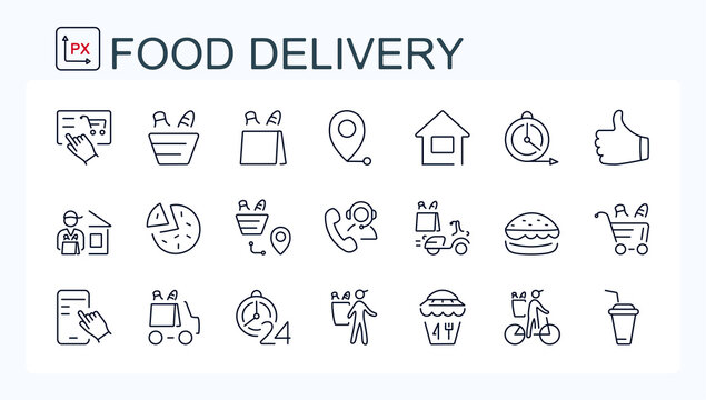 A set of vector web icons from the Internet for online ordering and delivery of food and goods.