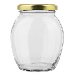 Empty jar with golden cap. Food preservation concept.