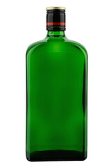 Empty glass bottle green color for alcoholic drinks or water on a white background.