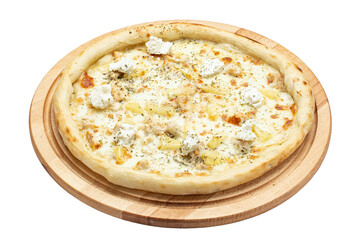 Delicious pizza with pineapple, chicken and ricotta cheese served on a wooden plate isolated on a...