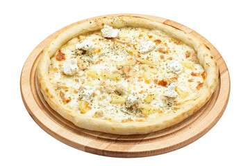 Delicious pizza with pineapple, chicken and ricotta cheese served on a wooden plate isolated on a white background. Concept for advertising flyer and poster for restaurants or pizzerias. 