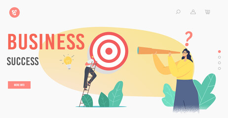 Business Success Landing Page Template. Business Character Climb Ladder Overcome Obstacles Making Step to Reach Target