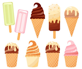 Set of tasty colorful ice cream. Cartoon style vector illustration. Waffle cone ice cream, frozen dessert, gelato, popsicle isolated on white background. Different types of ice creams. 